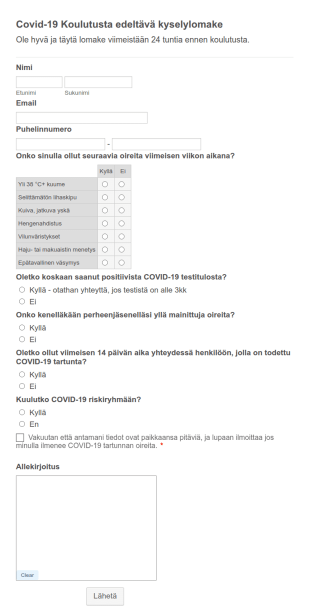 Covid 19 Koulutusta Edeltävä Kyselylomake
