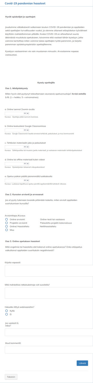 Covid 19 Kyselylomake Opettajille