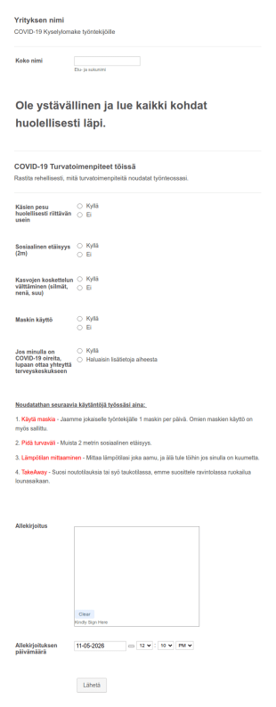 COVID 19 Kyselylomake Työntekijöille