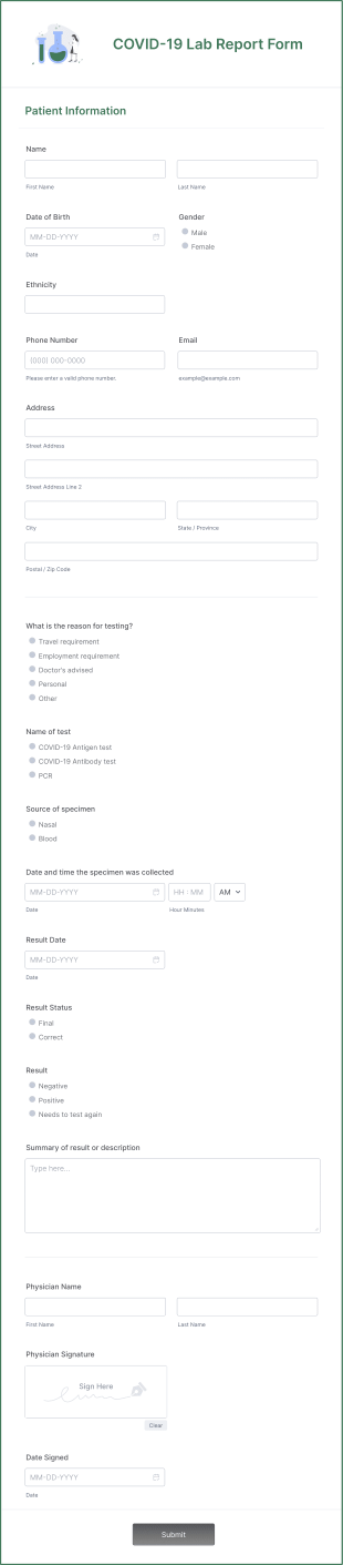 COVID 19 Lab Report Form Template