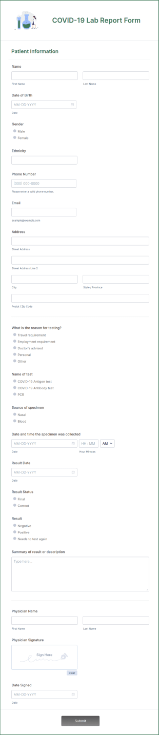 COVID 19 Lab Report Form Template
