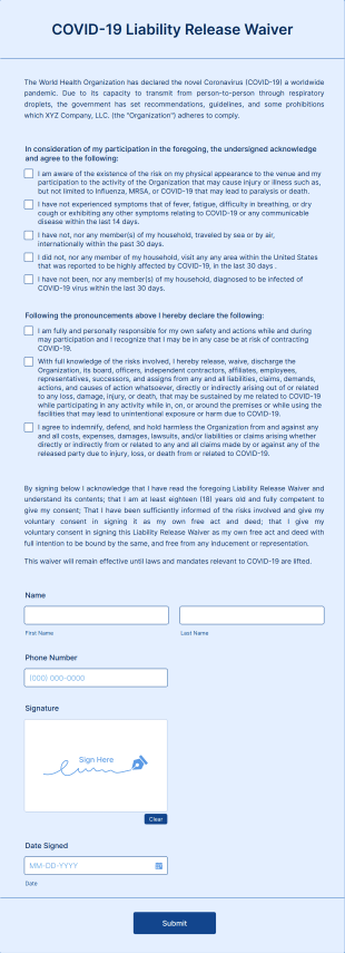 COVID 19 Liability Release WaiverThe Spearman Wedding 1.1.21 Form Template