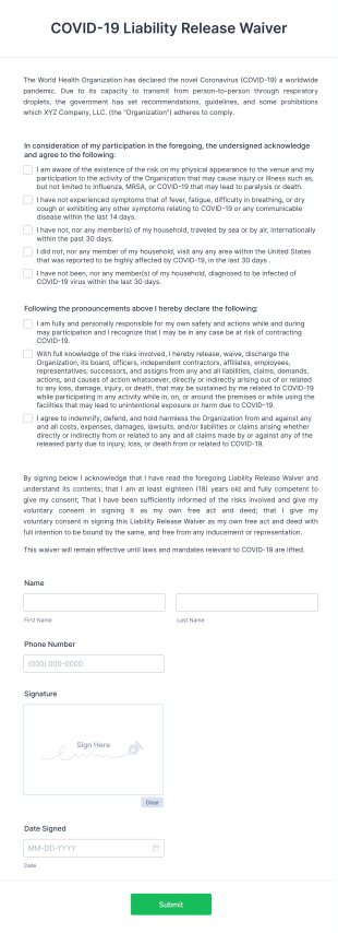 COVID 19 Liability Release Waiver Form Template