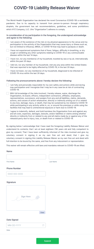 COVID 19 Liability Release Waiver Form Template