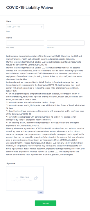 COVID 19 Liability Waiver Form Template