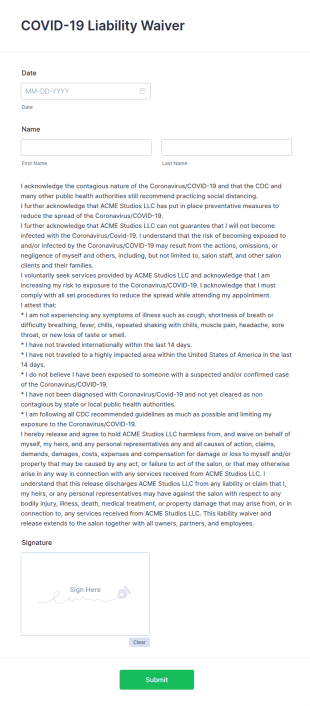 COVID 19 Liability Waiver Form Template