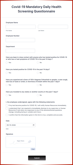Covid 19 Mandatory Daily Health Screening Questionnaire Form Template
