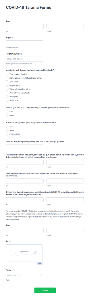COVID 19 Maruziyeti Sözleşme Form Şablonu