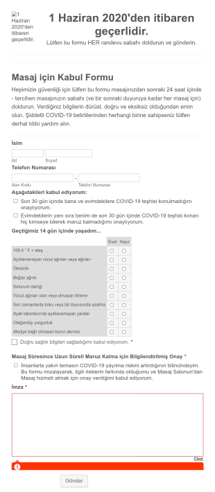 COVID 19 Masaj Terapisi Için Kabul Form Template