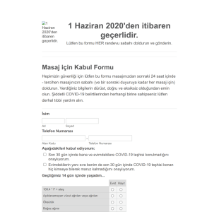 COVID 19 Masaj Terapisi Için Kabul Form Şablonu