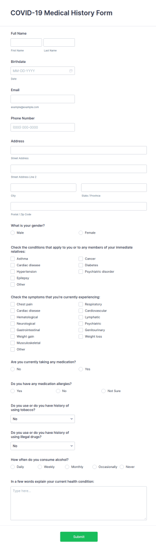 COVID 19 Medical History Form Template