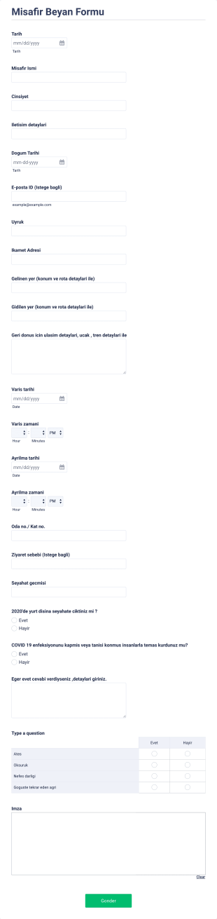 COVID 19 Misafir Beyan Form Template