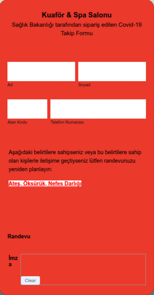 Covid 19 Müşteri Giriş Form Şablonu