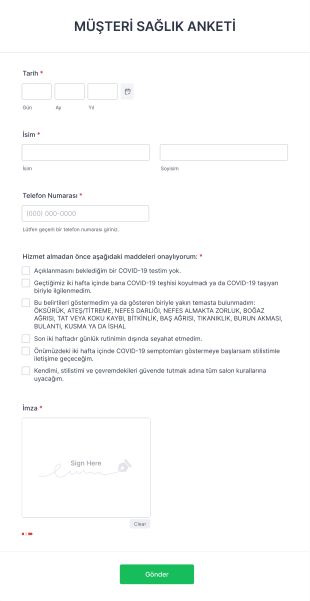 COVID 19 Müşteri Sağlık Anketi Form Template