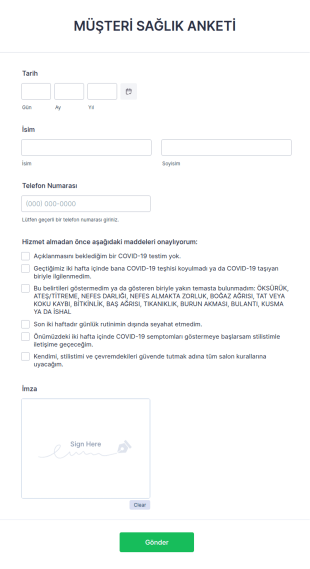 COVID 19 Müşteri Sağlık Anketi Form Şablonu