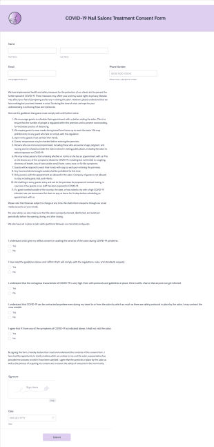 COVID 19 Nail Salons Treatment Consent Form Template