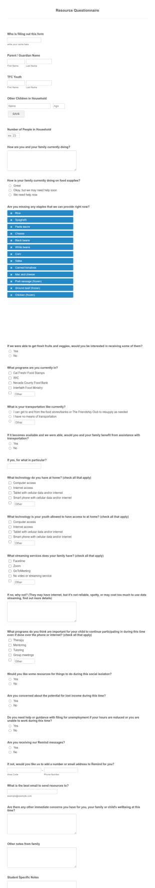 COVID 19 Non Profit Resource Help Questionnaire Form Template