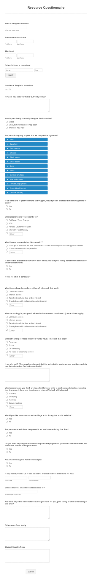 COVID 19 Non Profit Resource Help Questionnaire Form Template