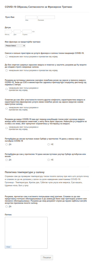 COVID 19 Образац Сагласности за Фризерски Третман