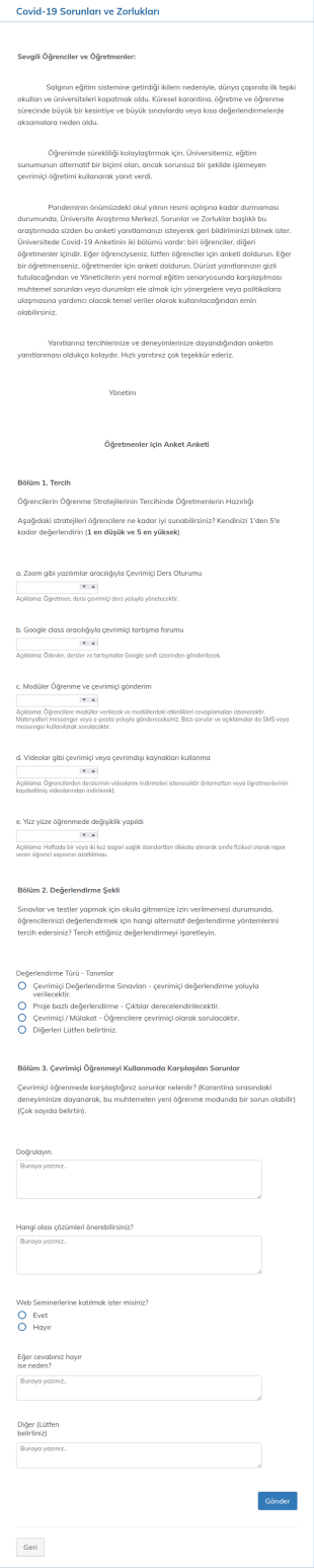 Covid 19 Öğretmen Anketi Form Şablonu