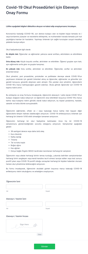 Covid 19 Okul Prosedürleri Için Ebeveyn Onay Form Template