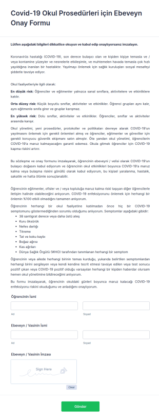 Covid 19 Okul Prosedürleri Için Ebeveyn Onay Form Şablonu