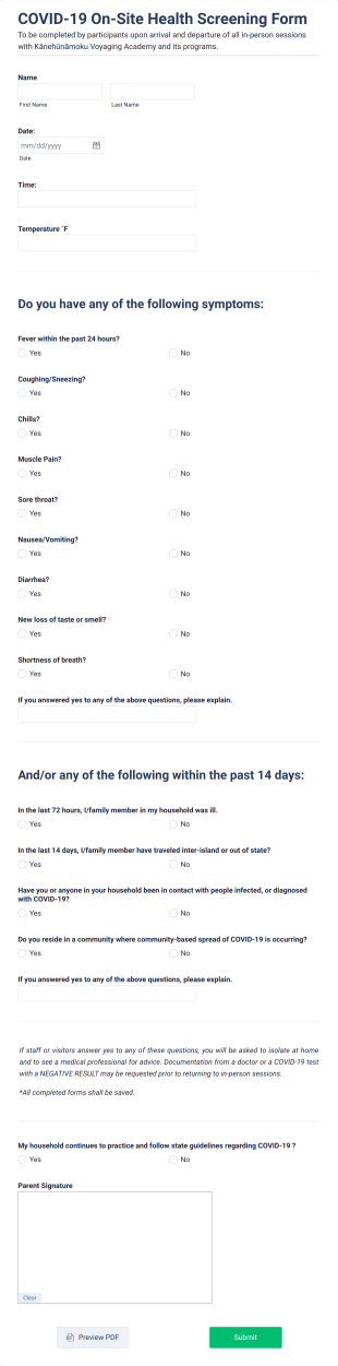 COVID 19: On Site Health Screening Form Template
