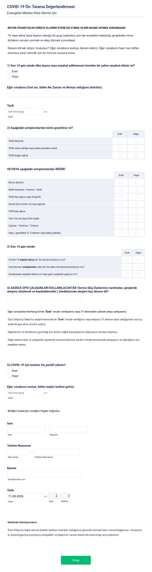 COVID 19 Ön Tarama Değerlendirmesi Form Şablonu