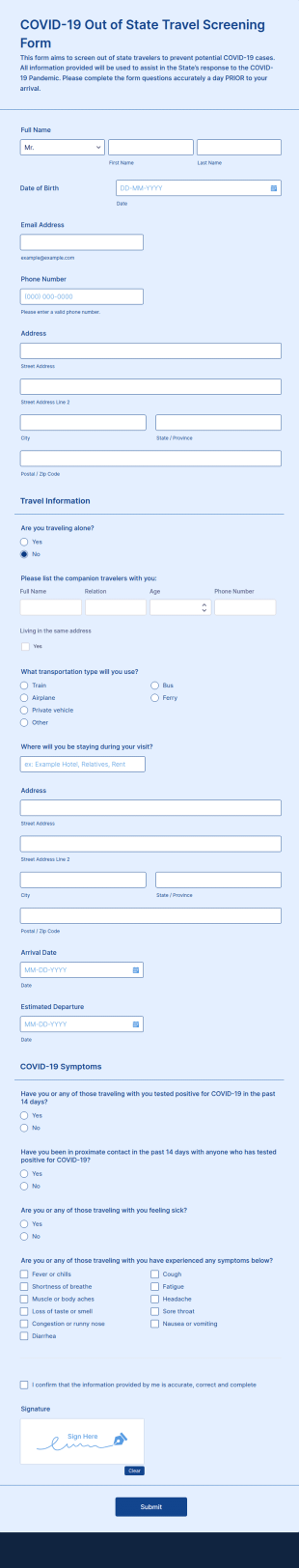 COVID 19 Out Of State Travel Screening Form Template