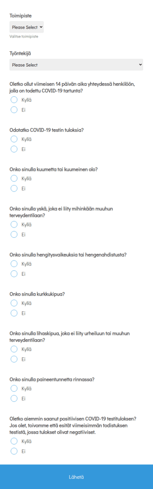 COVID 19 Päivittäinen Kahvilan Terveyskysely