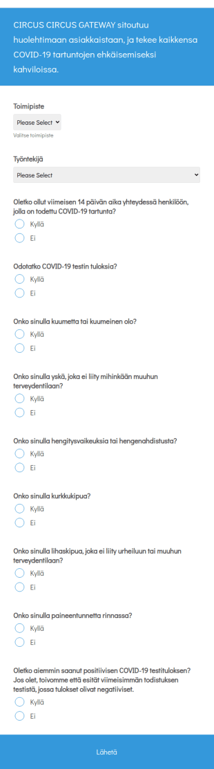 COVID 19 Päivittäinen Terveyskyselylomake