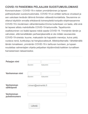 Covid 19 Pandemia Pelaajan Suostumuslomake