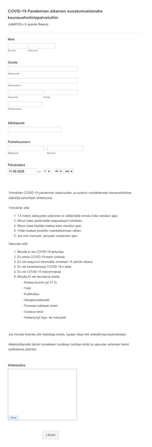 COVID 19 Pandemian Aikainen Suostumuslomake Kauneushoitolapalveluihin