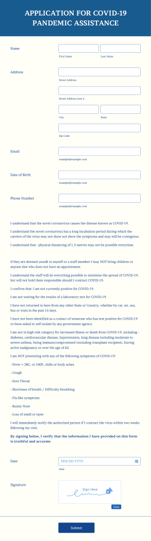 Covid 19 Pandemic Assistance Application Form Template