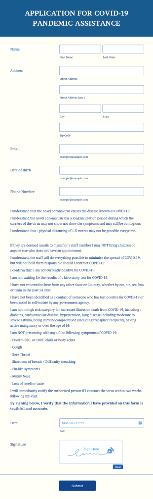 Covid 19 Pandemic Assistance Application Form Template