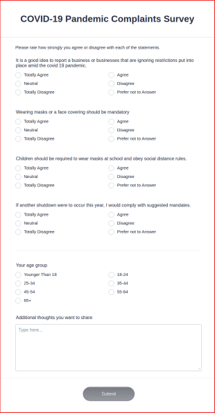 COVID 19 Pandemic Complaints Survey Form Template