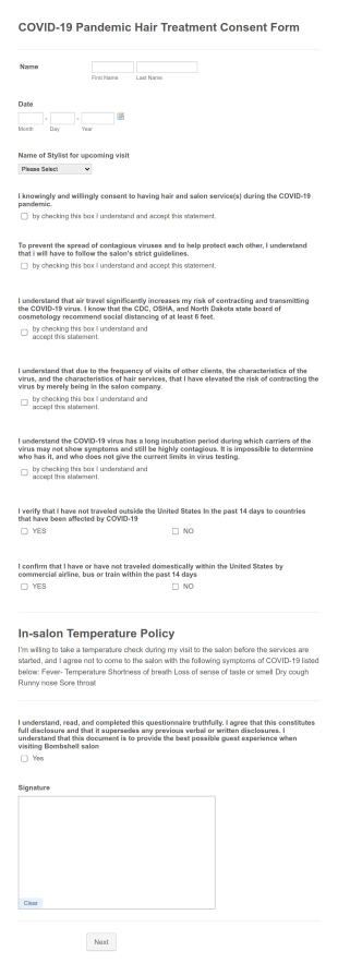 COVID 19 Pandemic Hair Treatment Consent Form Template