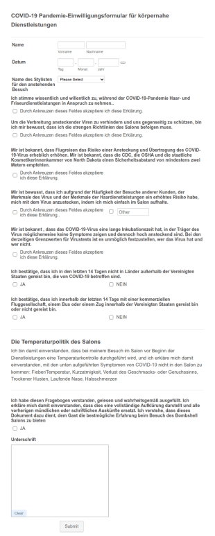 COVID 19 Pandemie Einwilligungsformular Für Körpernahe Dienstleistungen