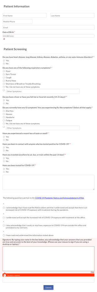 COVID 19 Patient Pre Screening Disclosure Form V3 Form Template