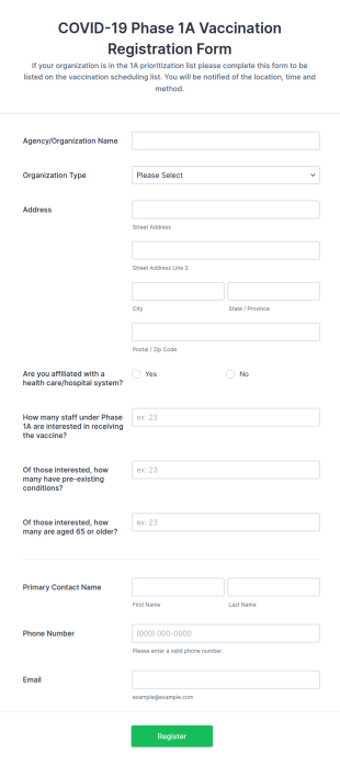 COVID 19 Phase 1A Vaccination Registration Form Template