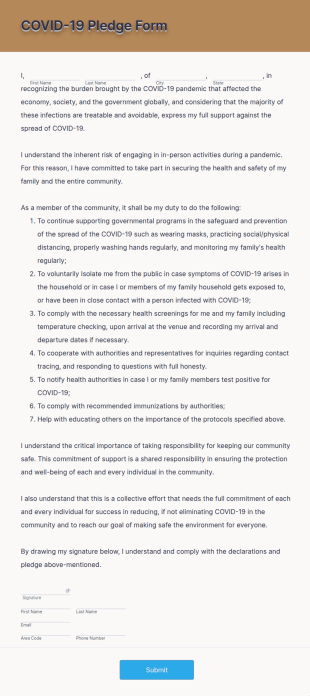 COVID 19 Pledge Form Template