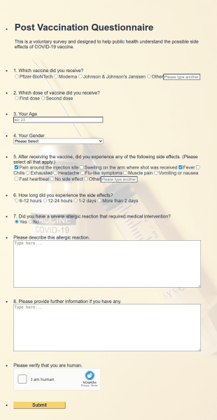 Covid 19 Post Vaccination Questionnaire Form Template