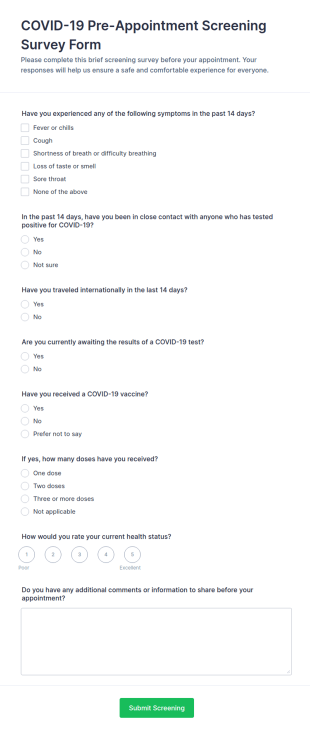 COVID 19 Pre Appointment Screening Survey Form Template
