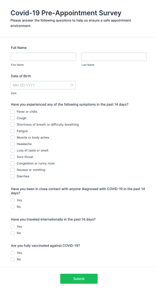 Covid 19 Pre Appointment Survey Form Template