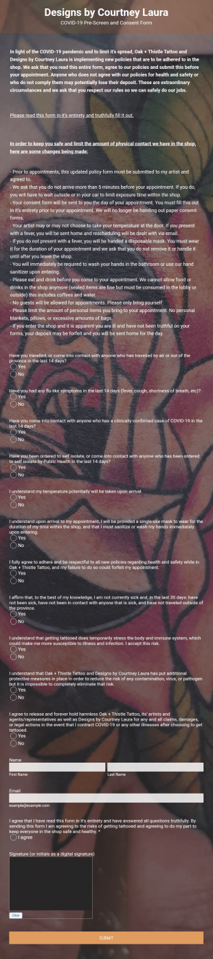 COVID 19 Pre Screen And Consent Form Template