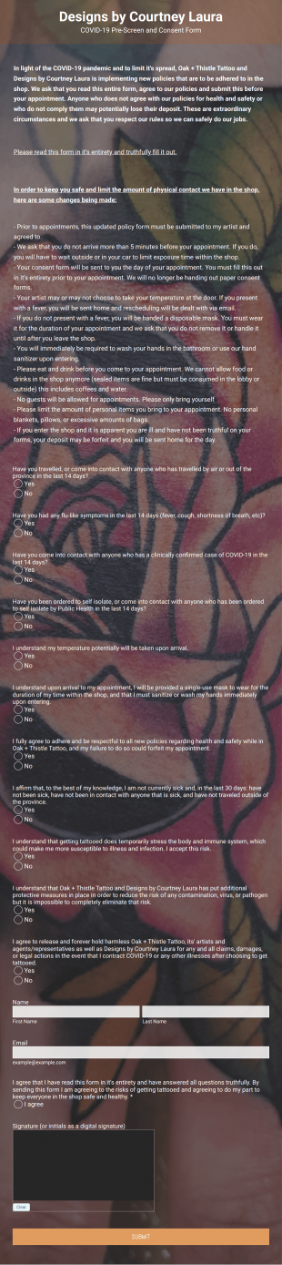 COVID 19 Pre Screen And Consent Form Template