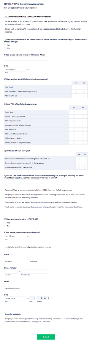 COVID 19 Pre Screening Assessment Form Template