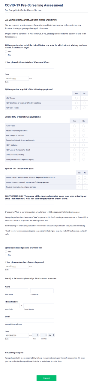 COVID 19 Pre Screening Assessment Form Template