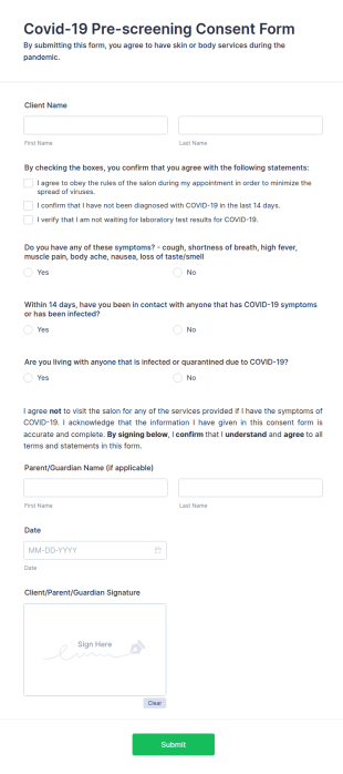Covid 19 Pre Screening Consent Form Template