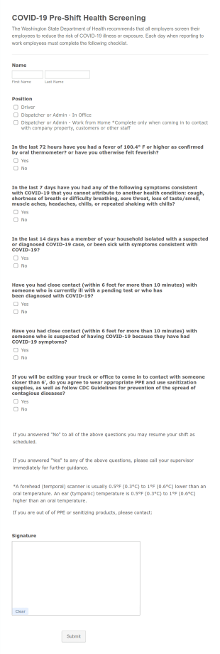 COVID 19 Pre Shift Health Screening TEMPLATE ONLY Form Template